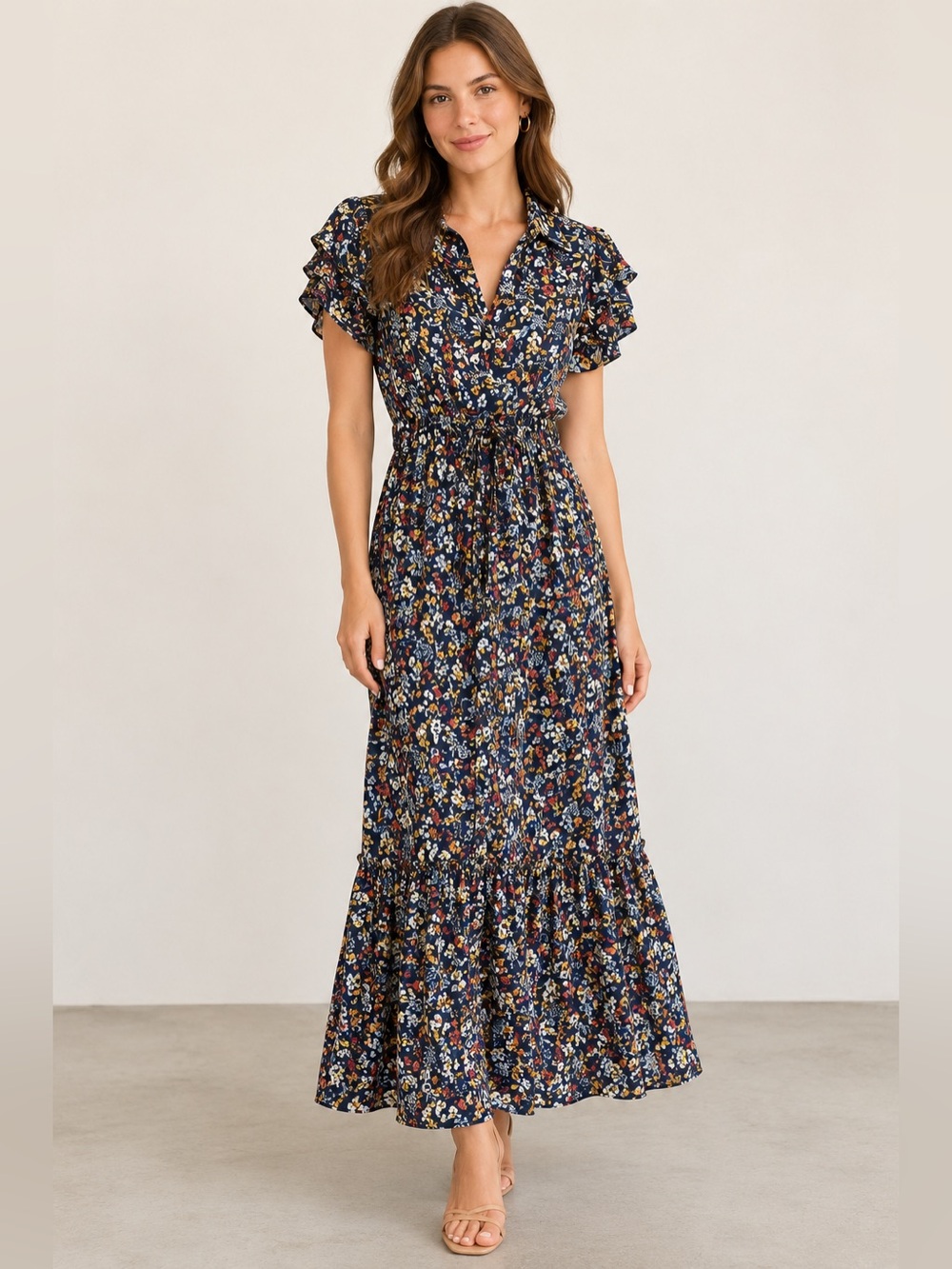 lovestitch Navy Floral Ruffle Maxi Dress